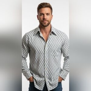 Enro Vintage Men's Blue and White Patterned Button Longsleeve Shirt